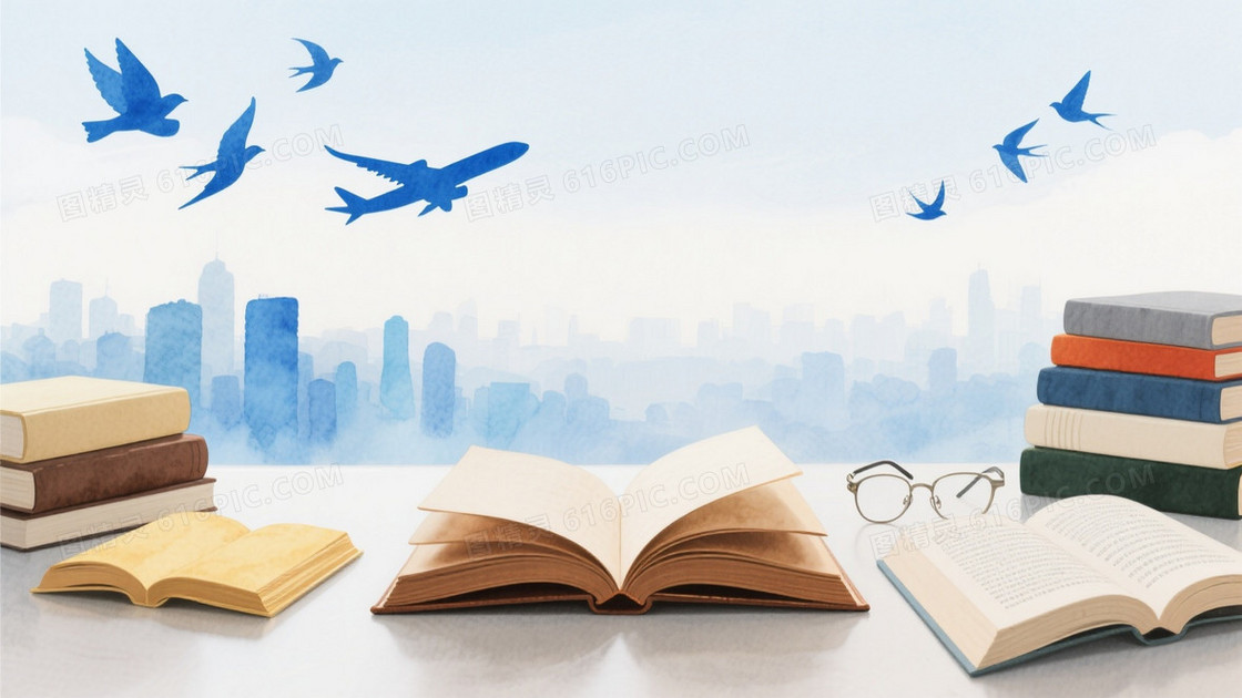 淡蓝浅灰水彩飞鸟城市书桌背景