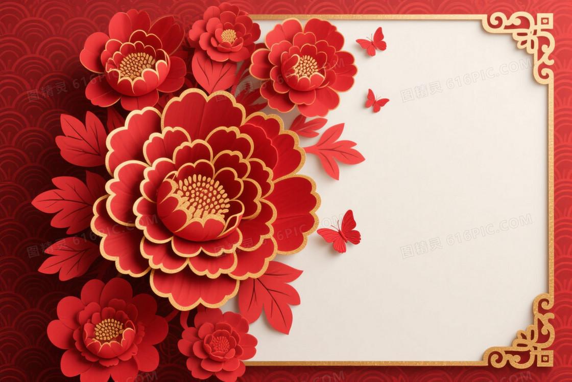 红金剪纸牡丹蝴蝶背景