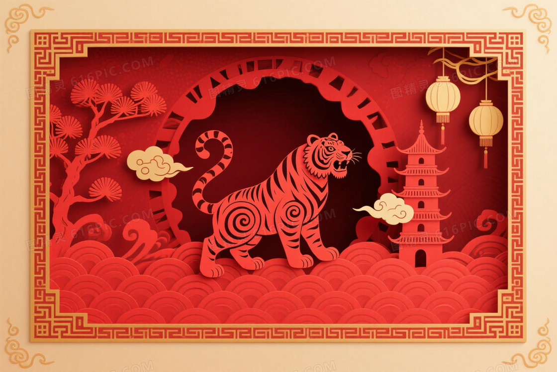 深红金红剪纸虎纹背景