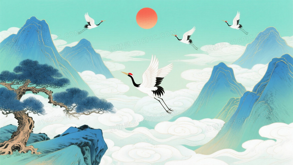 青蓝渐变金线山水古松鹤影背景