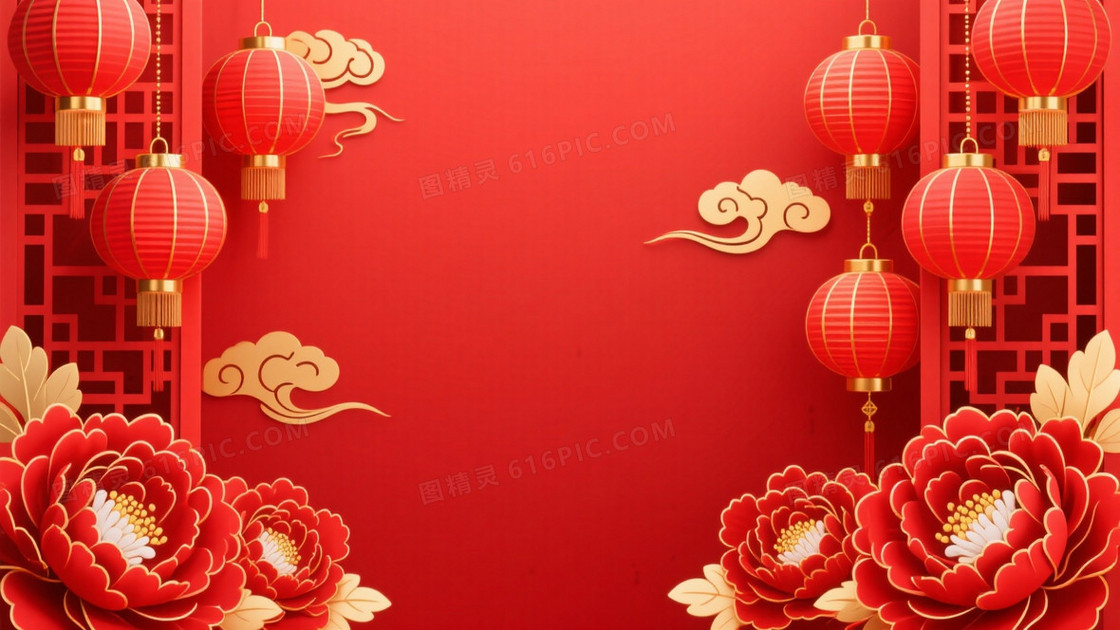 正红金饰窗棂宫灯牡丹背景
