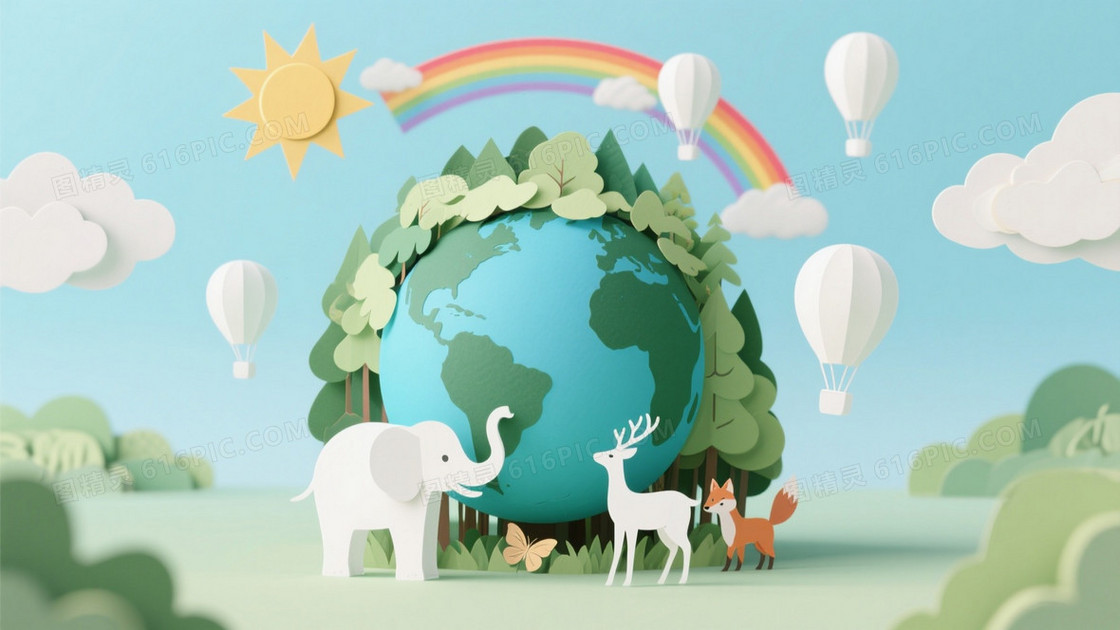 浅蓝渐变纸艺森林地球背景