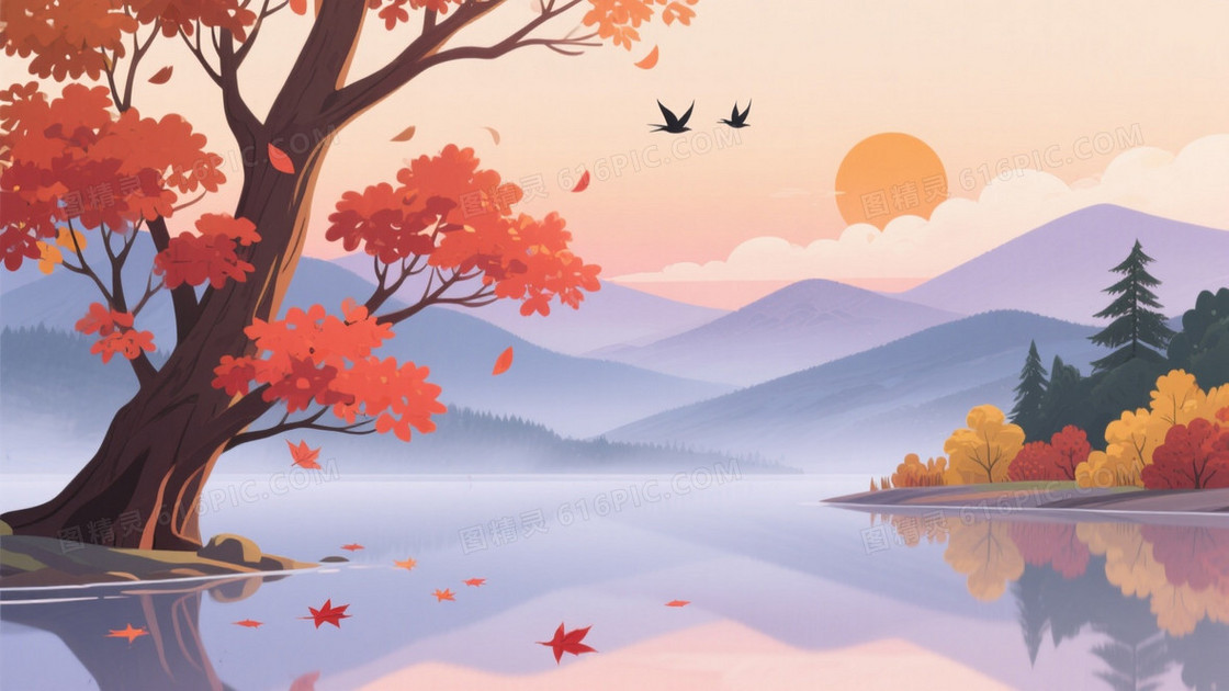 暖橙渐变秋湖枫树背景