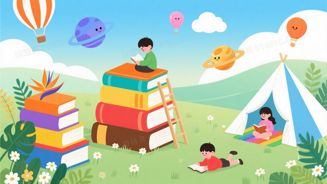 浅蓝渐变云朵热气球儿童阅读背景