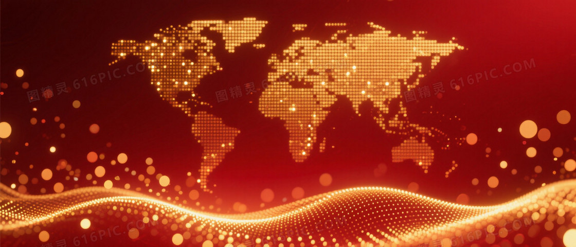 深红渐变金粒世界地图背景