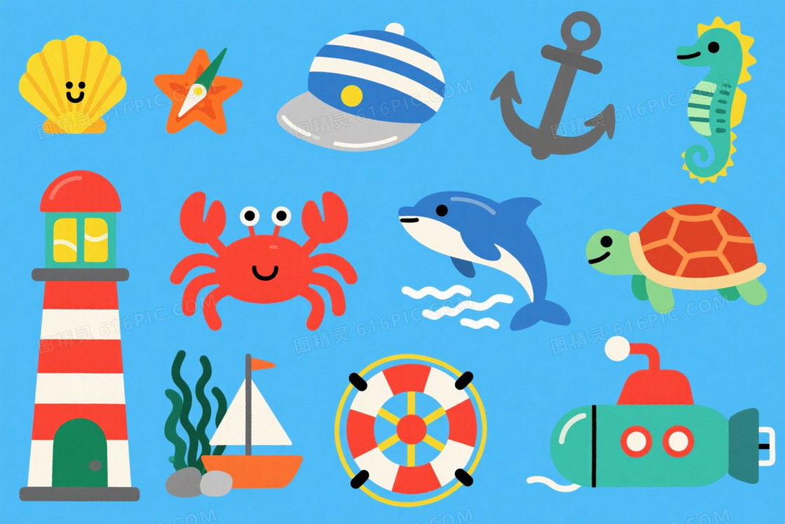 蓝底扁平卡通海洋元素背景