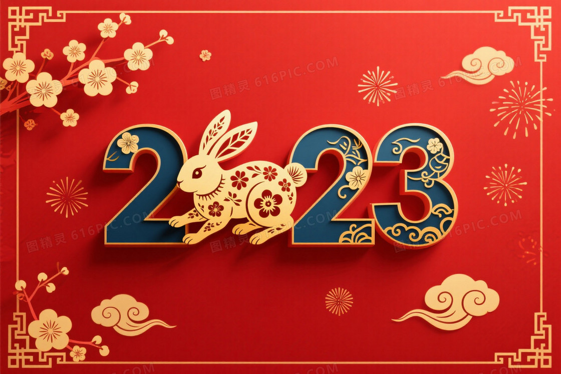 正红喜庆剪纸玉兔祥云背景