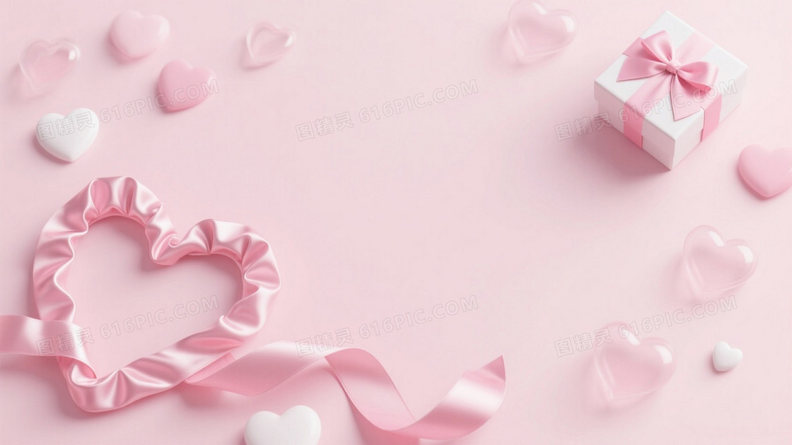 柔粉丝绸缎带心形背景