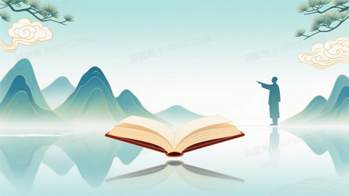 淡雅青绿山水书本云纹背景