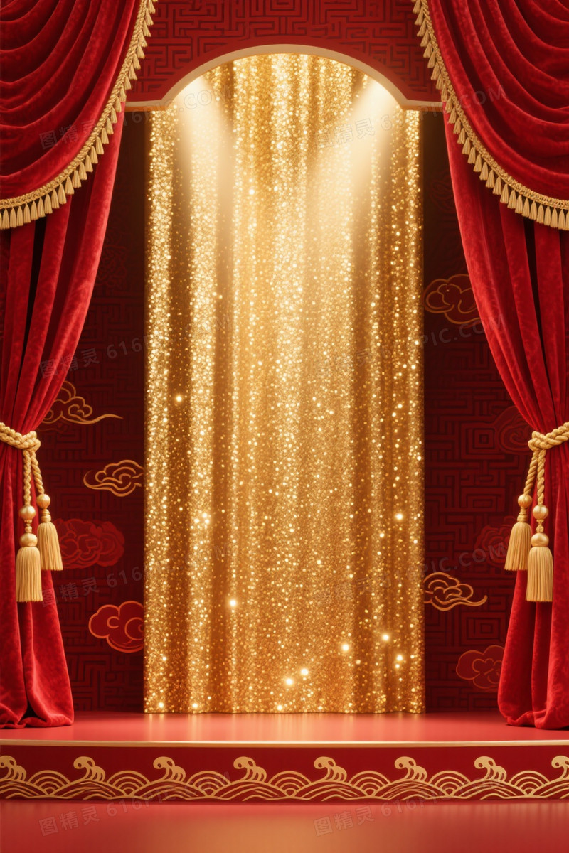 深红丝绒金流苏帷幕背景