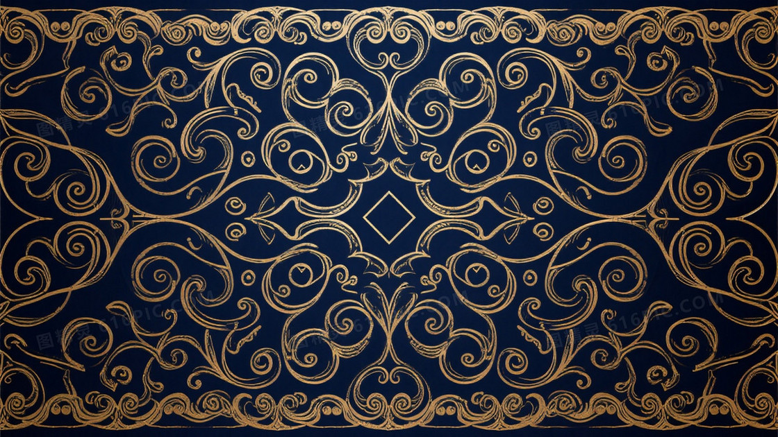 深海军蓝金线巴洛克漩涡背景