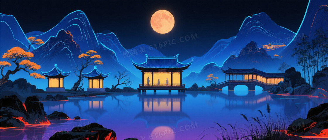 青蓝霓虹夜色山水背景