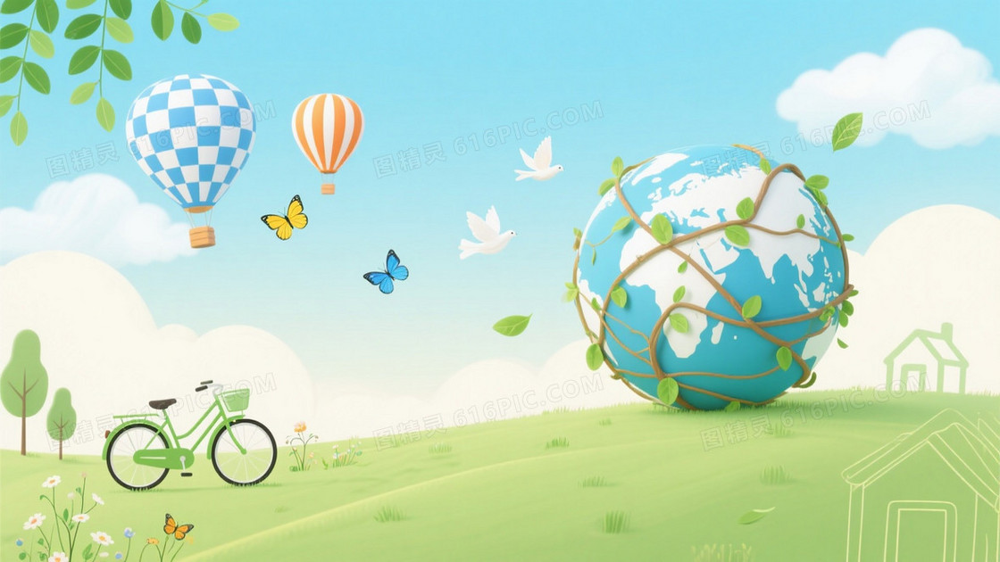 浅蓝渐变绿叶热气球背景