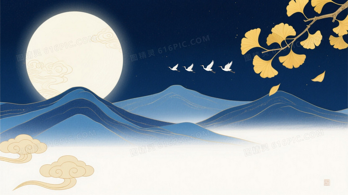 深蓝夜空满月银杏山峦背景