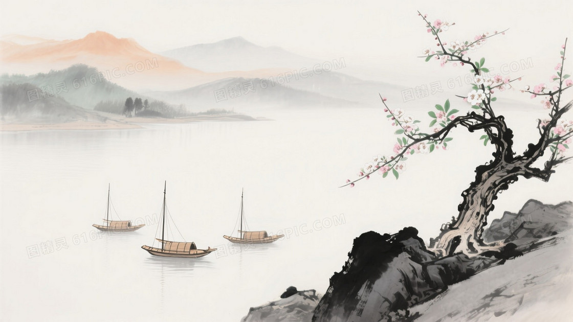 水墨苍劲古梅山水背景