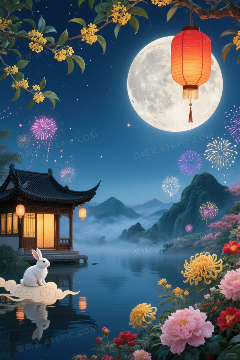 深蓝夜空满月灯笼桂枝背景