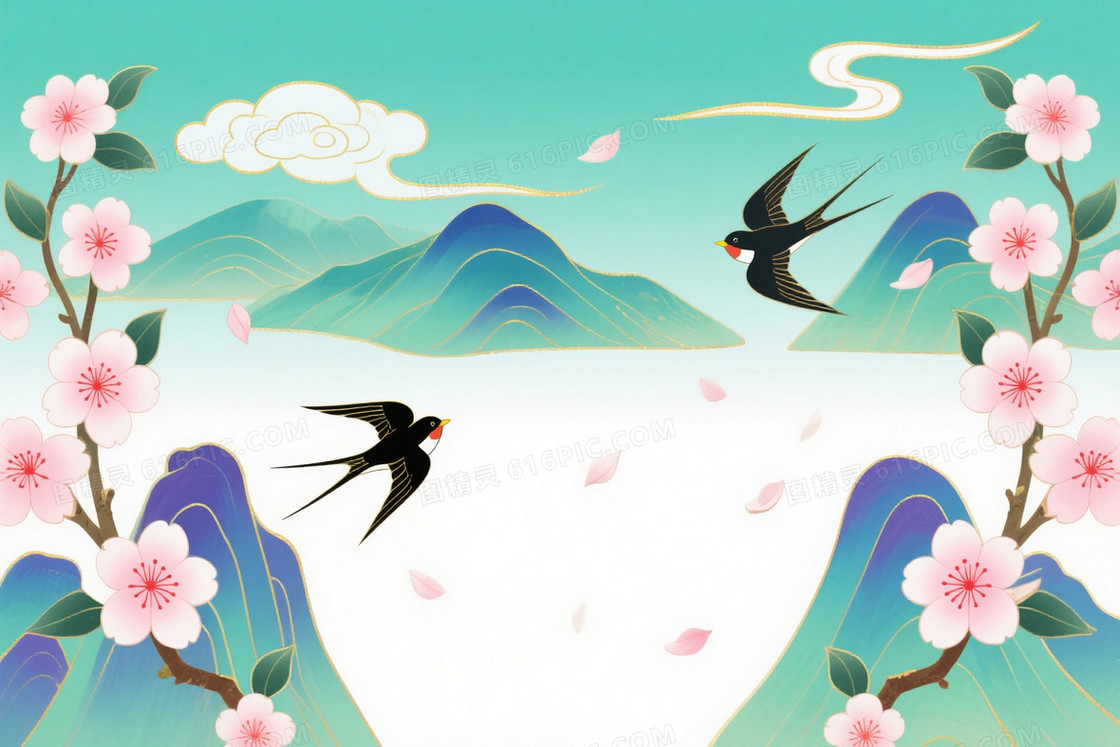 青绿渐变金线云纹山水背景