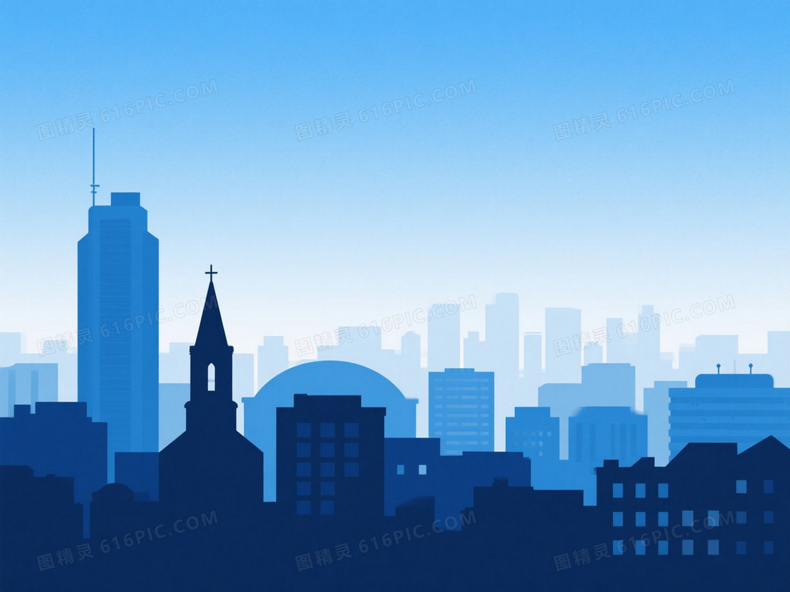蓝调渐变剪影城市天际线背景