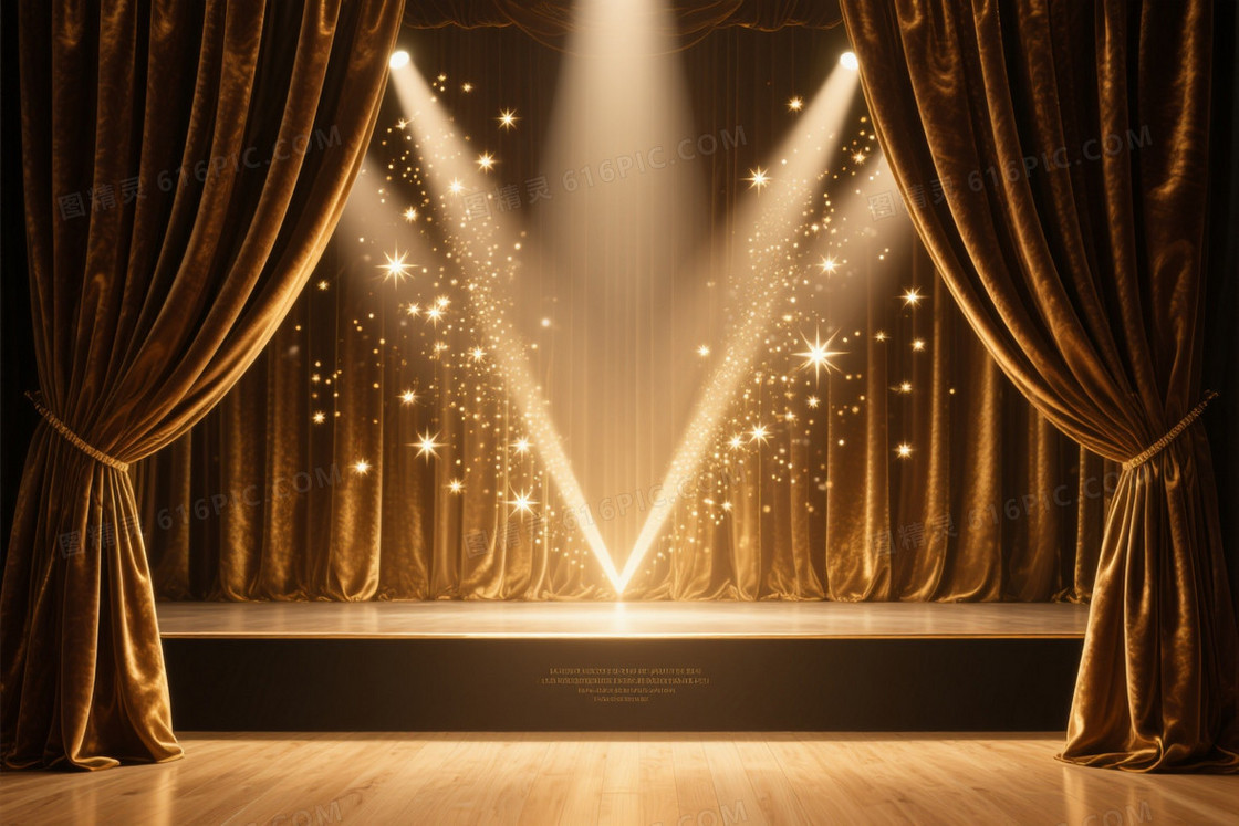 金棕丝绒帷幕星芒光束背景