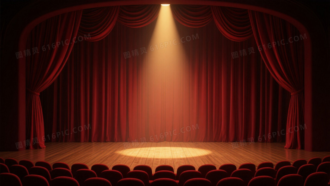 深红垂褶幕布聚光舞台背景
