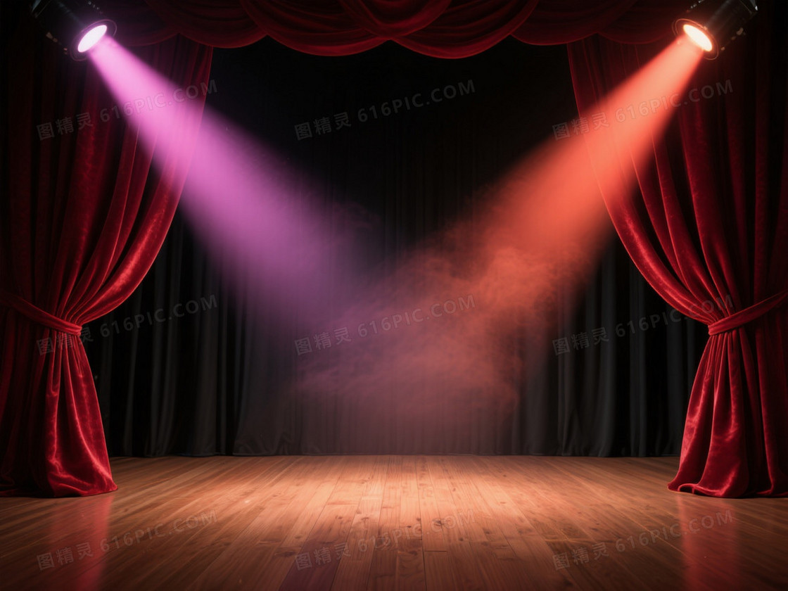 深红丝绒帷幕聚光舞台背景