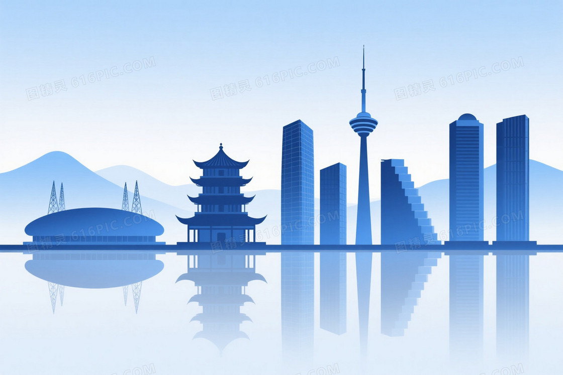 蓝白渐变城市天际线背景