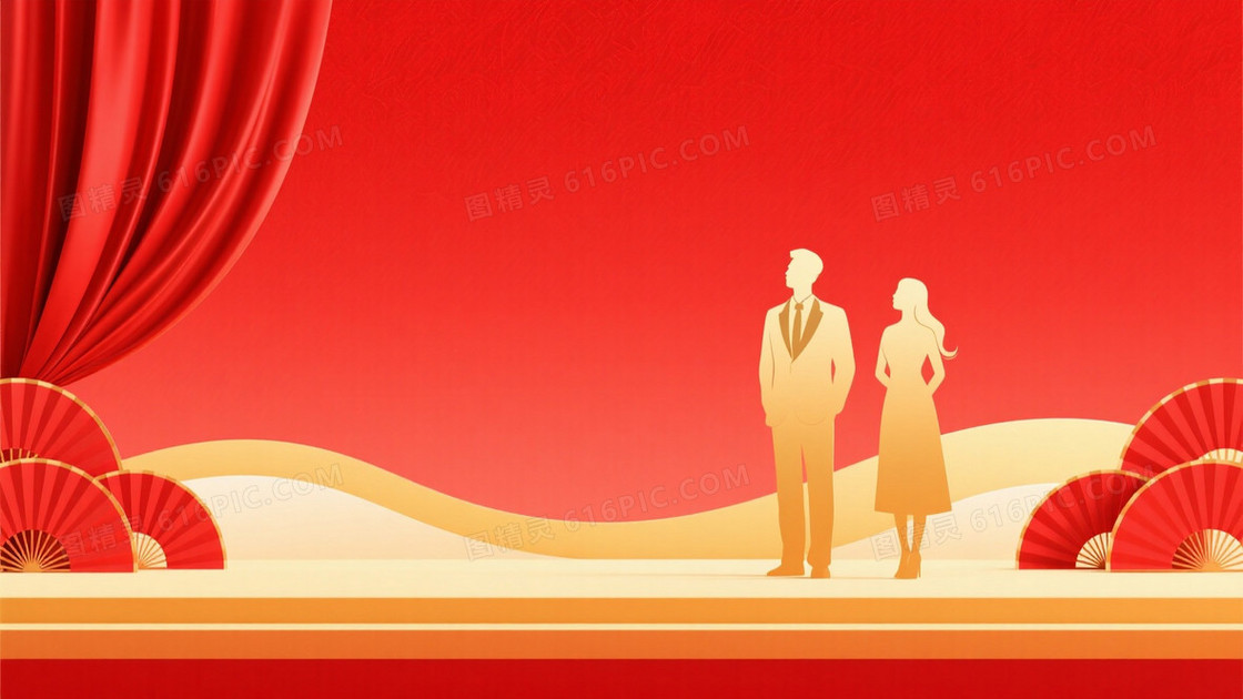 红黄渐变丝绸幕布折扇背景