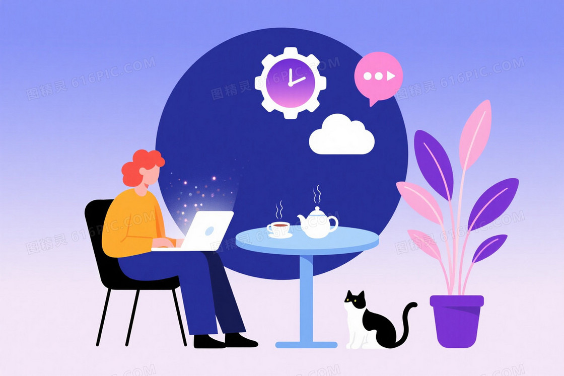 蓝紫渐变扁平插画办公背景