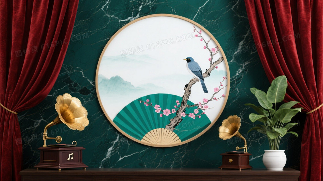 深青绿大理石红帷幕背景