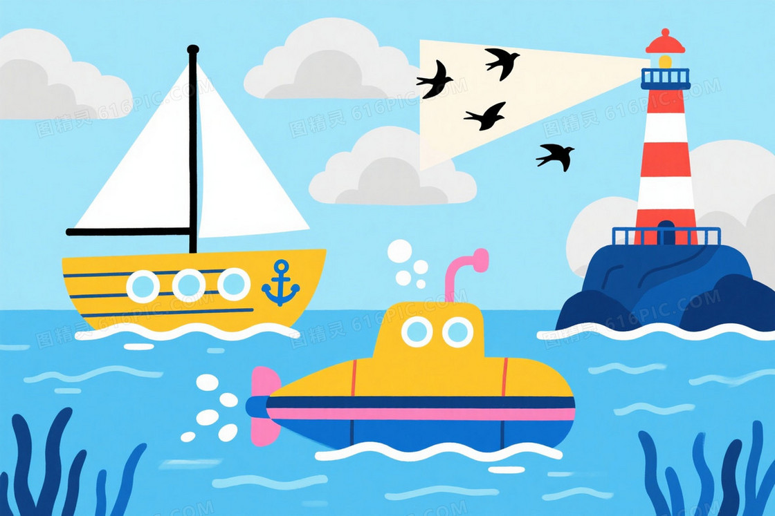 浅蓝清新海洋插画背景