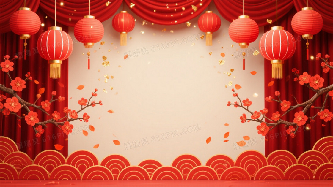 深红垂褶幕布灯笼樱花背景