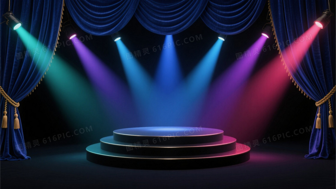 深蓝丝绒幕布讲台光影背景
