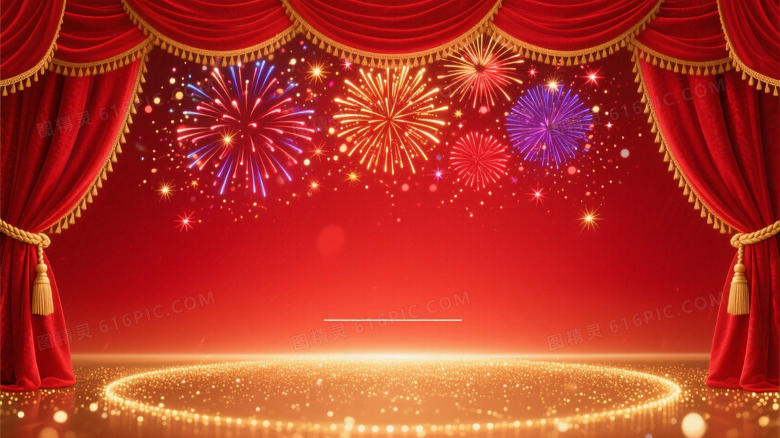红金丝绒帷幕烟花背景