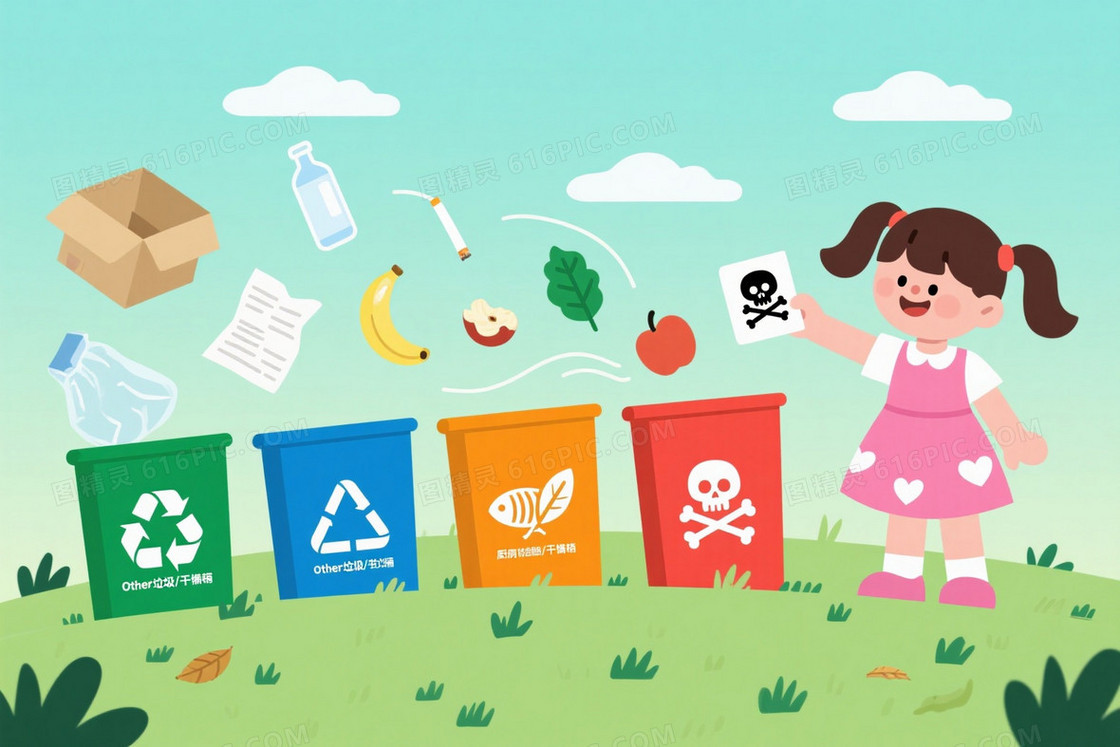 浅青绿渐变草地分类垃圾桶背景