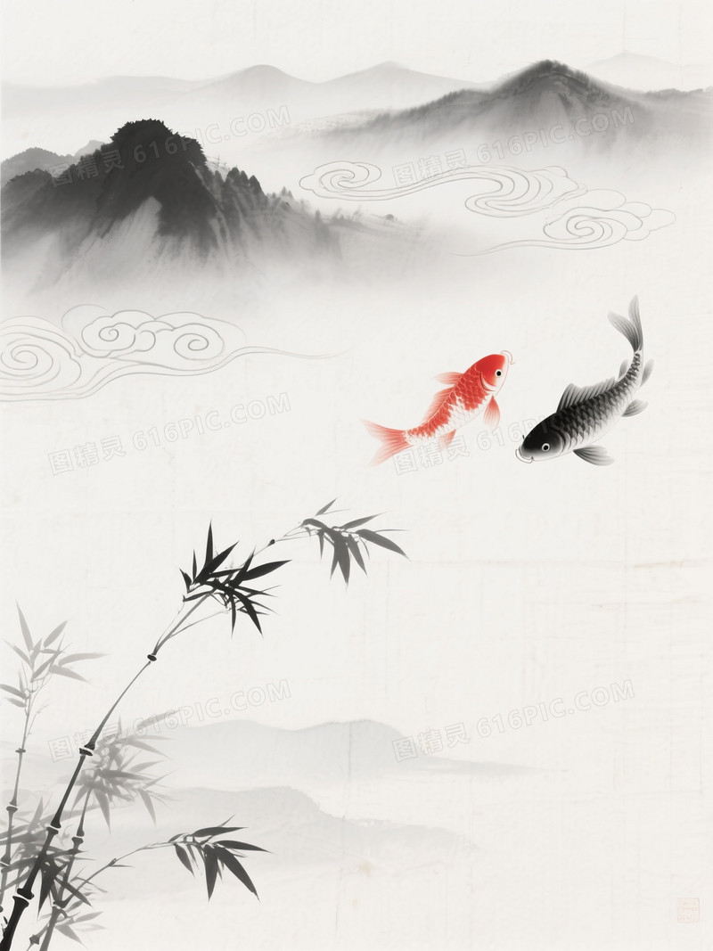 灰白水墨山峦祥云锦鲤背景