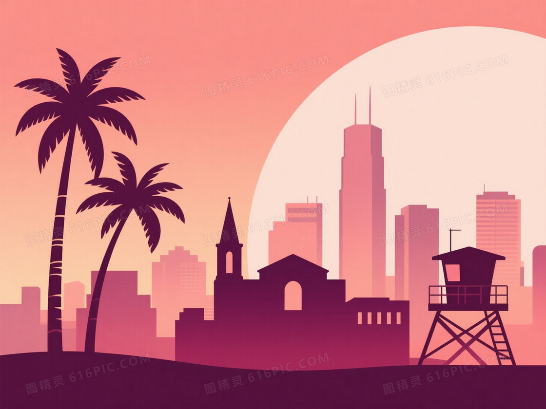 暖调日落城市剪影背景