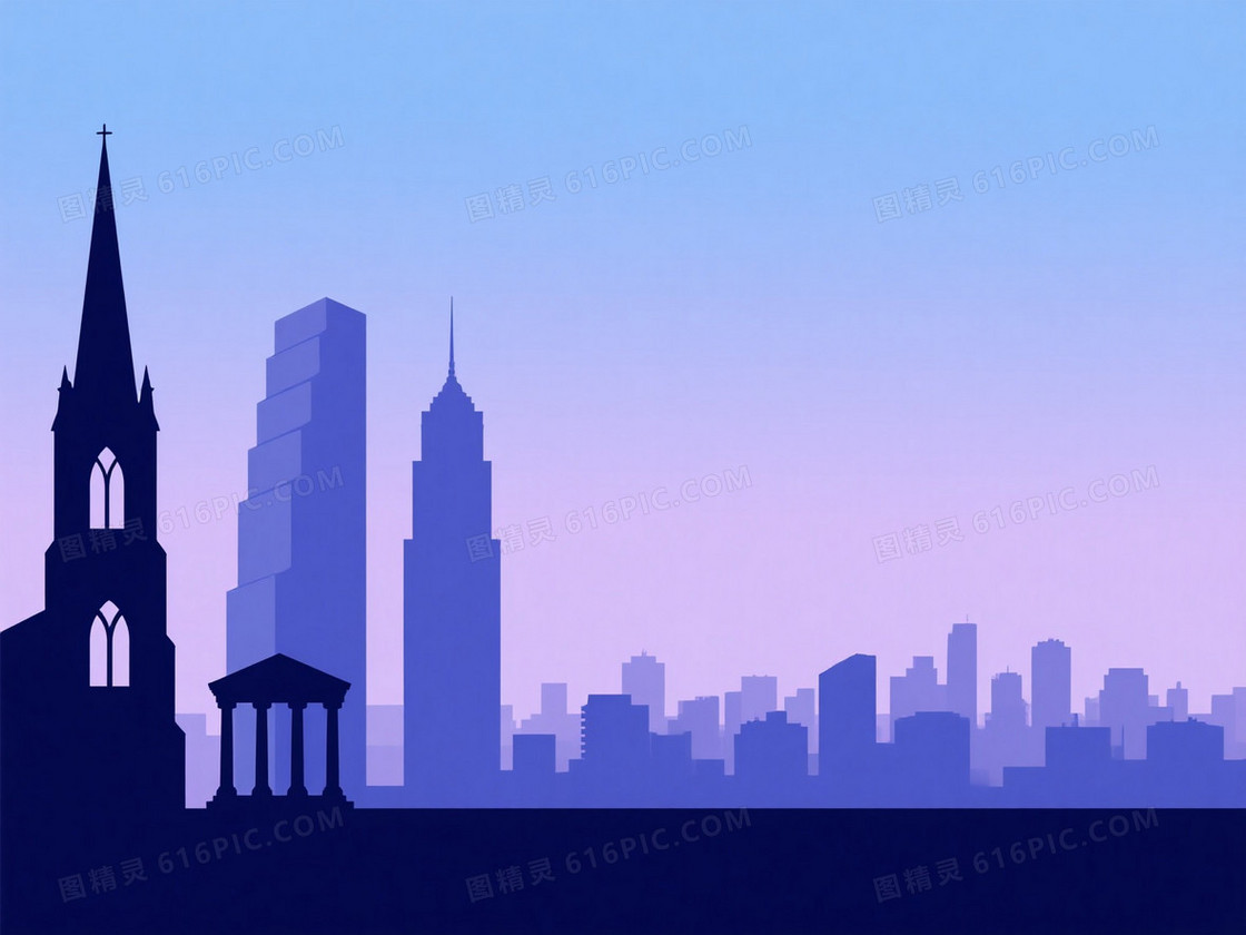 蓝紫渐变极简城市剪影背景