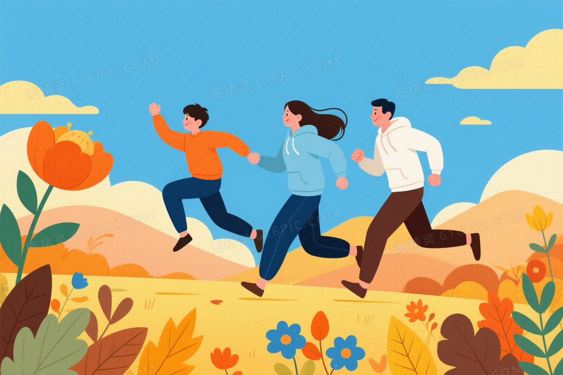 暖黄扁平插画秋日奔跑背景