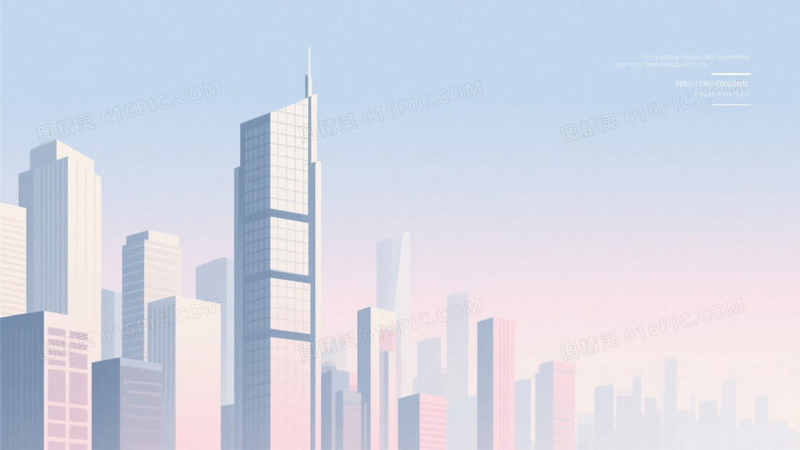 淡蓝浅粉扁平城市天际线背景
