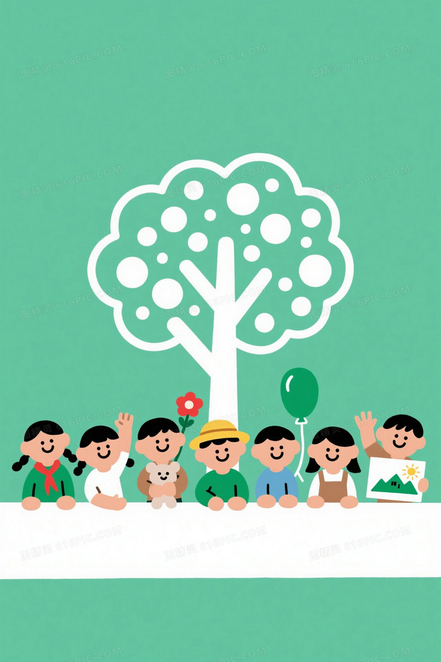 青绿扁平插画儿童角色背景