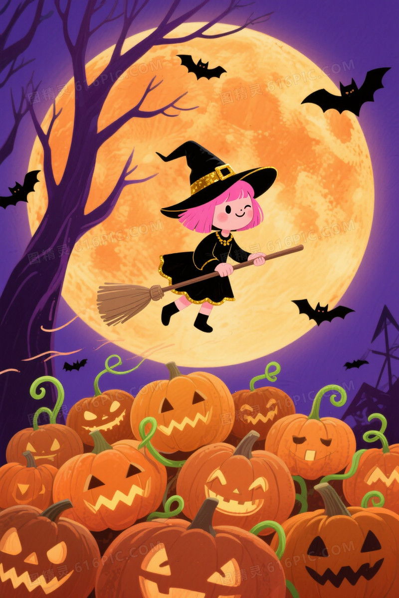 深紫橙黄手绘女巫满月背景