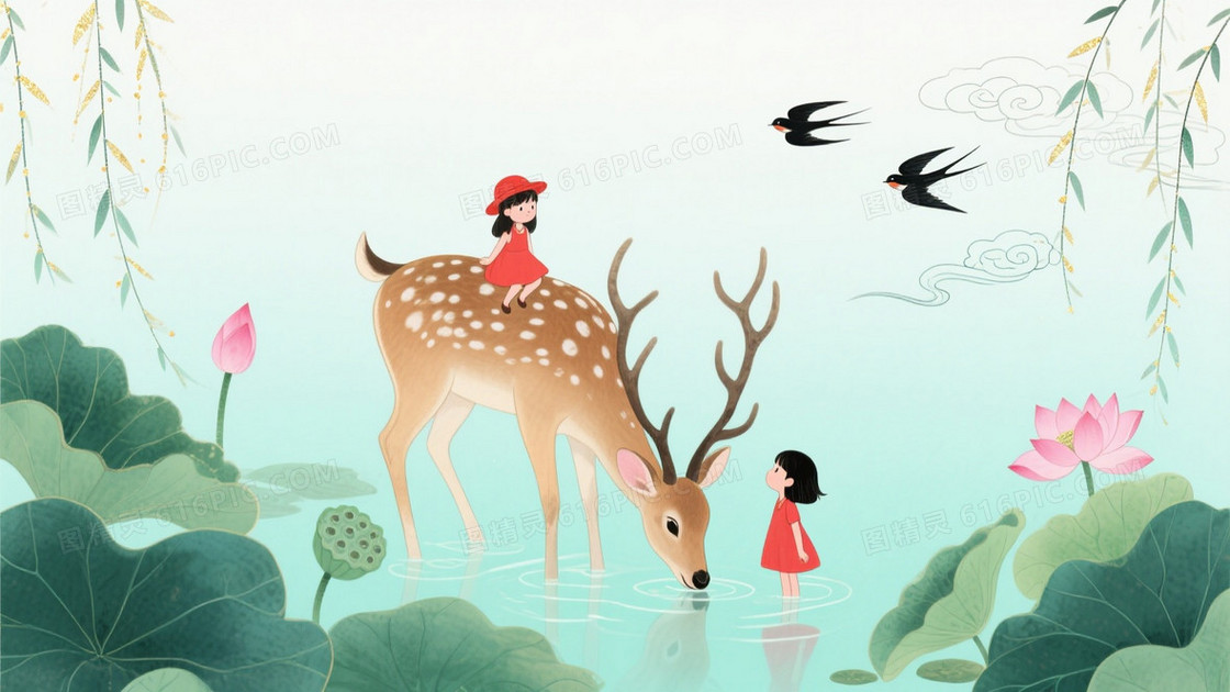 淡青绿中国风梅花鹿荷塘背景