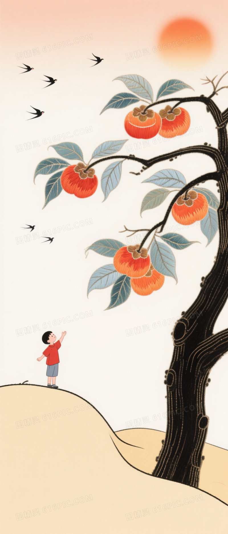 暖杏渐变东方刺绣丰收背景