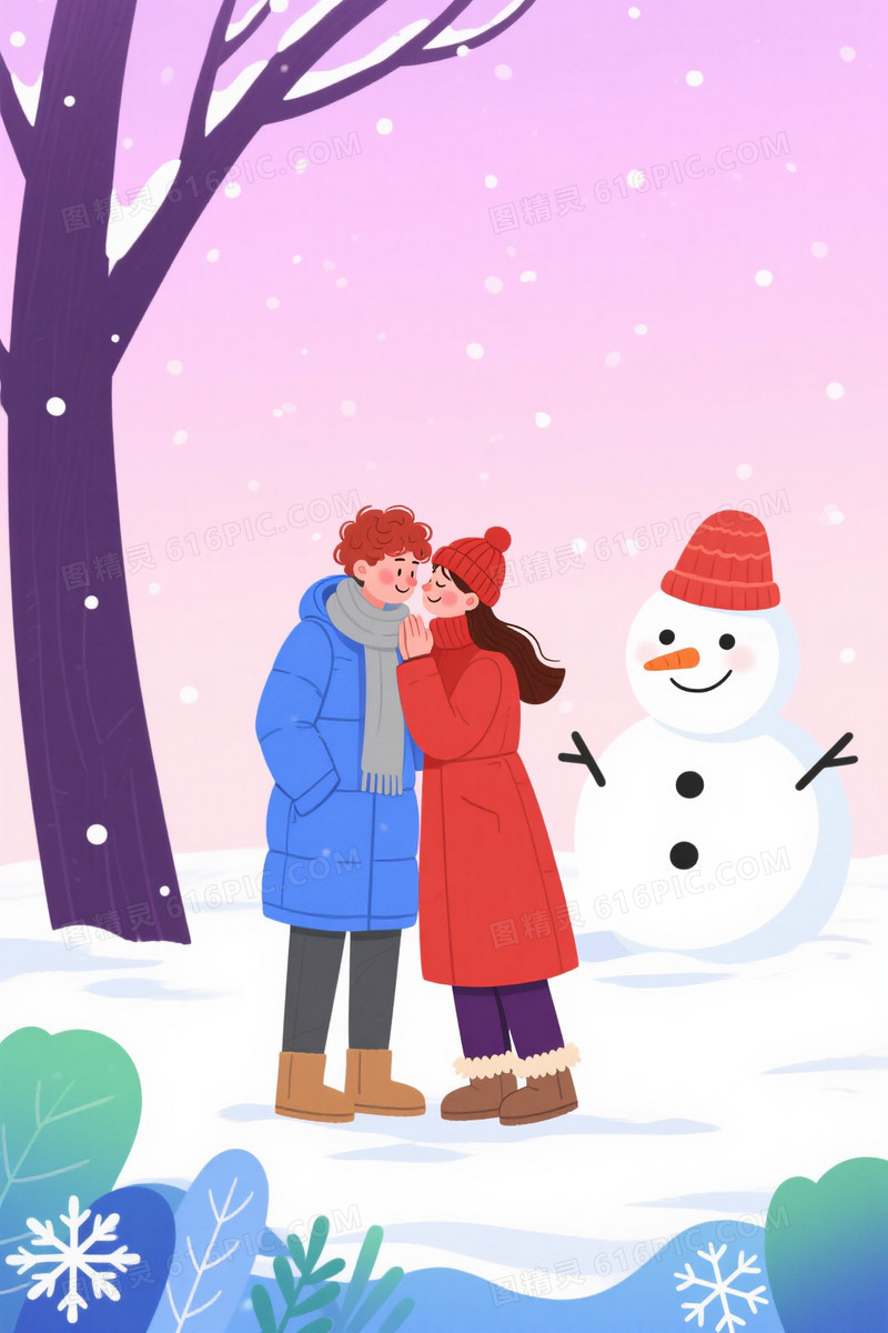 粉紫渐变雪景插画情侣背景