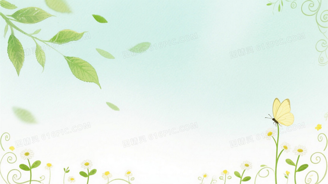 浅青绿乳白水彩春日背景