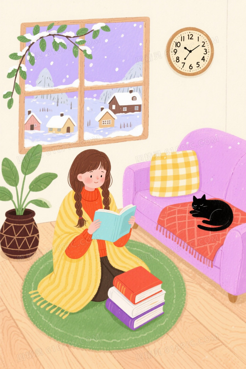 暖调手绘女孩阅读场景背景