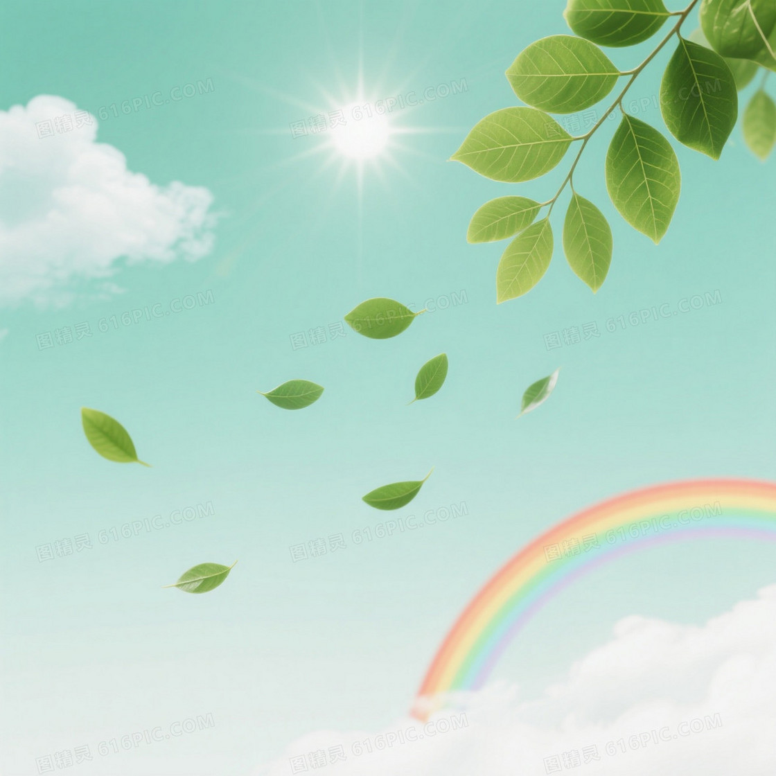 浅绿渐变绿叶飘落背景