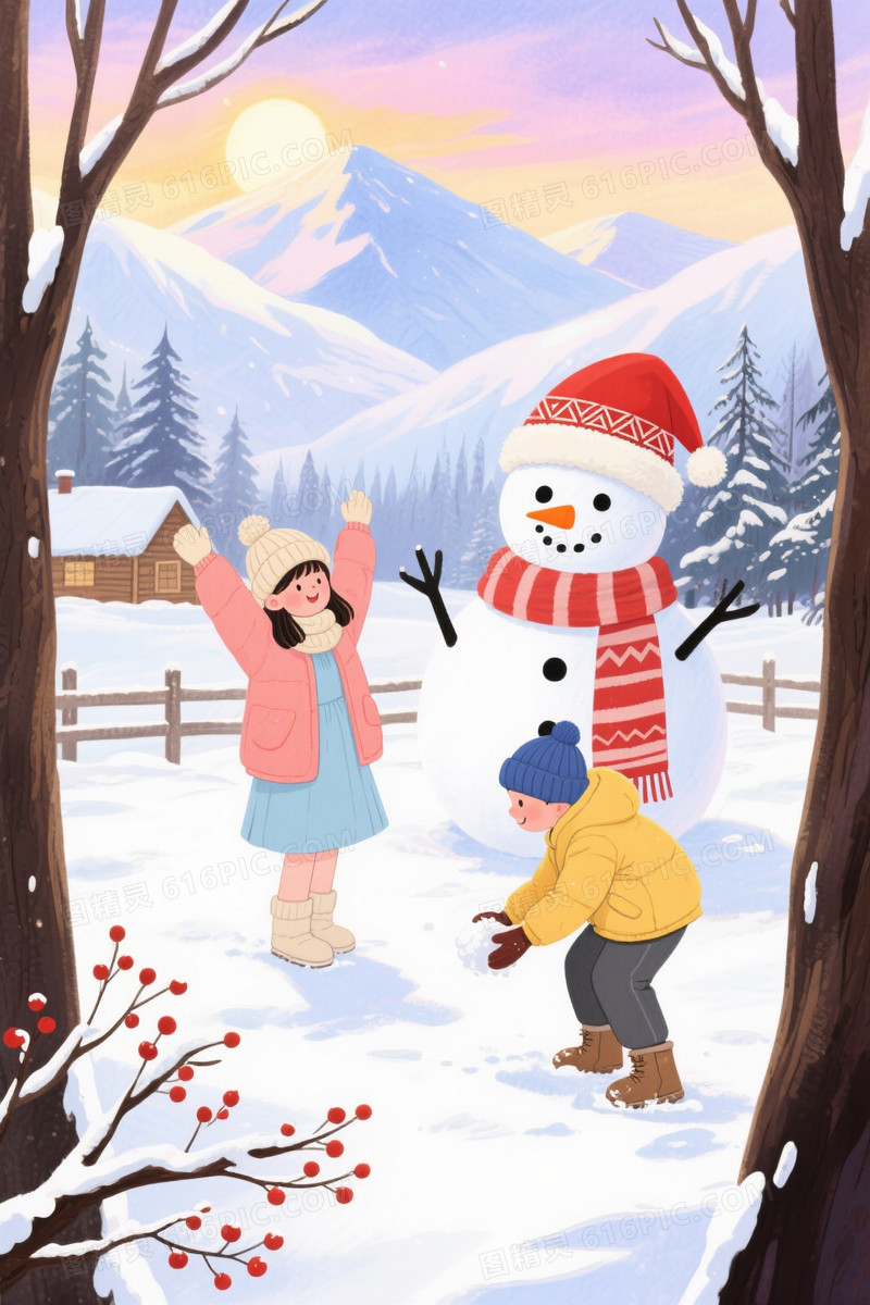 暖调水彩雪景童趣节日背景