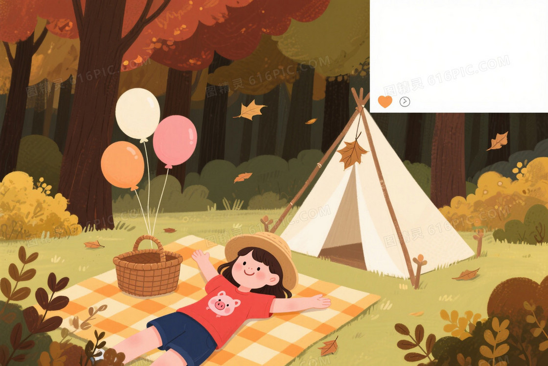 暖调手绘秋日森林露营背景