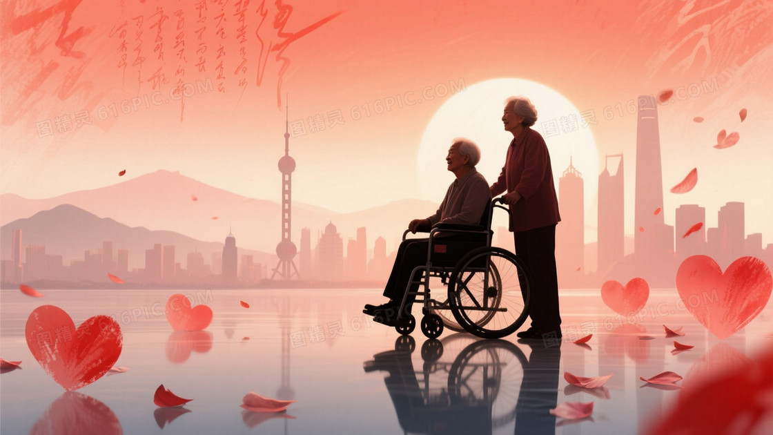 橙红渐变夕阳剪影爱心背景